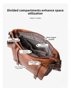 Detail view of large capacity brown leather bucket bag with multiple functional compartments