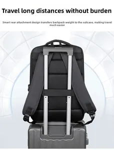 Detail of waterproof black business backpack with a trolley sleeve for luggage attachment