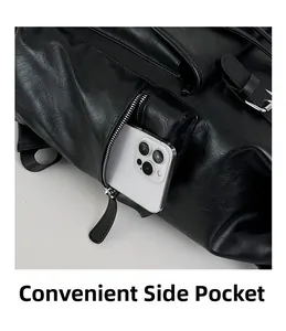 Detail showing a functional side zipper pocket on a black PU leather backpack with a smartphone