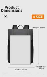 Detailed size guide for black travel backpack showing 44cm height and 30cm width