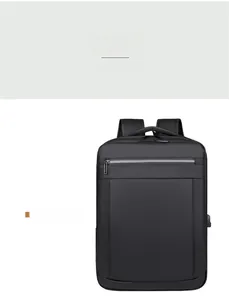 Front view of black waterproof business backpack featuring lateral zipper and USB port