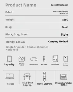 Detailed chart showing 835g weight and capacity for 15.6 inch laptop in this travel backpack