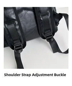 Close-up of adjustable shoulder strap buckle and litchi texture PU leather on backpack