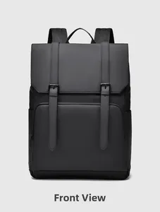 Front view of a minimalist black travel backpack with dual buckles and matte texture