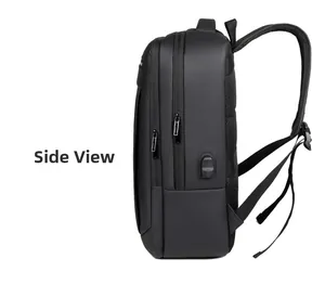Side view of black business backpack showing USB charging port and breathable mesh padding