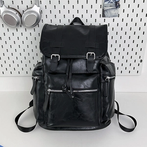 Black vintage PU leather backpack with drawstring closure and silver zipper pockets