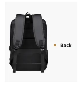 Detail view of the black backpack back with breathable mesh padding and USB charging port