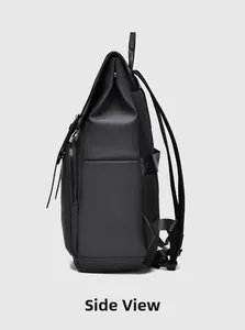 Side view of sleek black travel backpack with water-resistant matte finish and side pocket