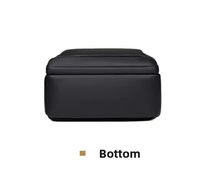 Detailed view of the waterproof bottom panel and sturdy stitching on this black backpack