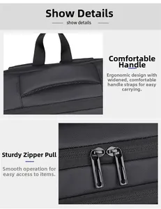Detail of ergonomic nylon handle and dual metal zippers on black business backpack