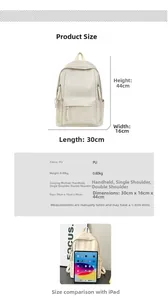 Guía de tallas de mochila de cuero PU con medidas 30x16x44cm y comparación con el iPad