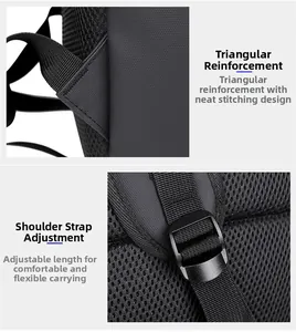 Detail of reinforced shoulder strap stitching and adjustable buckle on black backpack