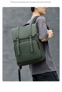 Side view of olive green travel backpack with magnetic buckles on a male model