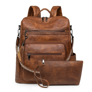 Vintage brown PU leather backpack set with leopard accent strap and matching clutch pouch