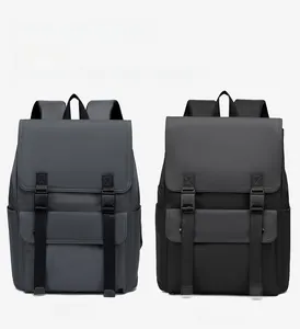 Waterproof travel backpacks in grey and black featuring buckle flaps and side pockets