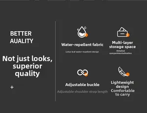 Detail view of waterproof fabric, multi-layer storage, and lightweight backpack design