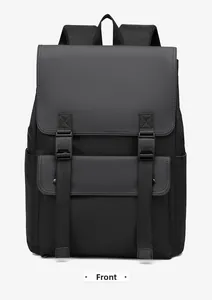 Front view of a black waterproof business laptop backpack with buckle straps and Oxford fabric