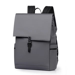 Minimalist matte grey men's business laptop backpack with top flap and buckle closure