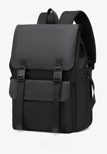 Side view of black business backpack showing waterproof fabric texture and buckles