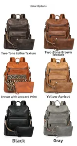 Detail of vintage leopard print backpacks and matching pouches in six color variations