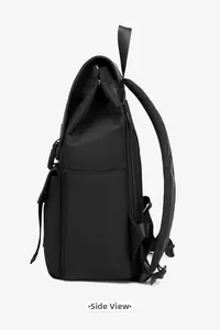 Side view of black water-resistant business backpack showing padded shoulder straps