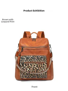 Detailed front view of brown leather backpack with stylish leopard print straps and pockets