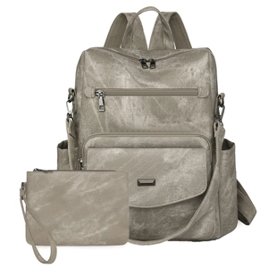 Conjunto de mochila vintage de cuero sintético topo con estuche y varios bolsillos