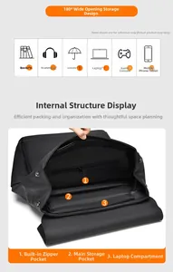 Detail view of the 180 degree wide opening and internal compartment storage of the black backpack