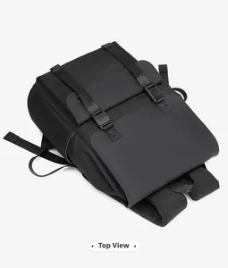 Top view detail of waterproof business backpack showing premium durable stitching and dual buckles