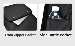 Detail view of front zipper pocket for tablets and side water bottle holder on backpack