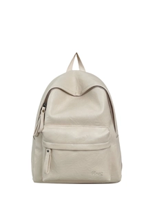 Close-up of cream PU leather backpack featuring front zipper tassel and embossed Hoog logo