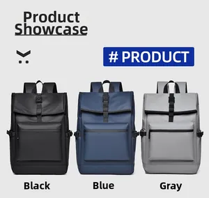 Trois sacs à dos imperméables en noir, bleu et gris avec fermeture à boucle enroulable