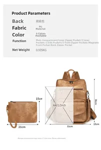 Vista detallada de la mochila vintage marrón con medidas de 36 cm de alto y peso neto