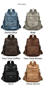 Vista de mochilas de cuero vintage en azul denim, gris, café, marrón, negro y albaricoque