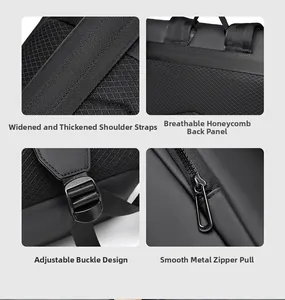 Detail view of widened shoulder straps, breathable back panel and hardware zippers