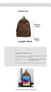 Size chart showing 29x13x40cm dimensions and PU leather specs for this backpack
