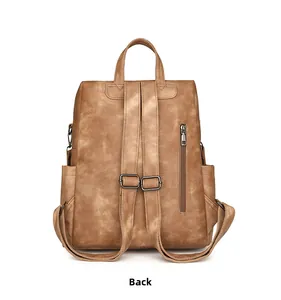Vista trasera de mochila vintage en cuero sintético marrón con cremallera antirrobo