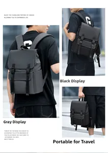 Detailed comparison of gray and black canvas backpacks with flap buckle and top handle