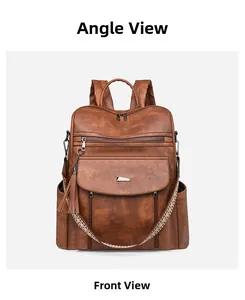 Front angle view showing vintage brown PU leather backpack with ethnic woven strap and tassel