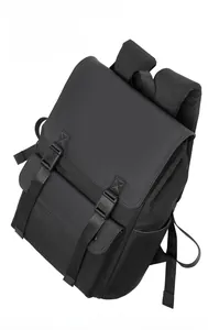 Detailed side view of black waterproof backpack featuring durable buckles and texture