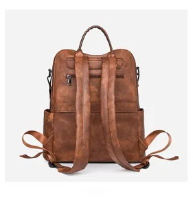 Brown vintage PU leather backpack featuring back anti-theft pocket and adjustable straps