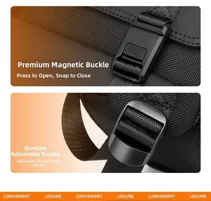 Detail of magnetic buckle and adjustable strap buckle on black waterproof business backpack