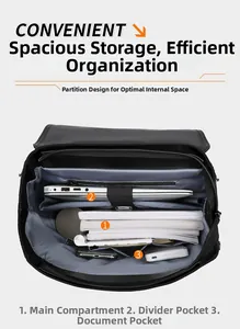 Top view of spacious laptop backpack interior with organized compartments and grey lining