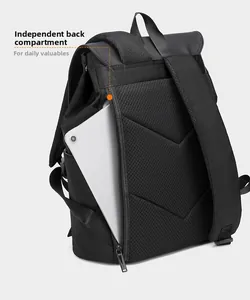 Detail of a hidden back zipper compartment on a water-resistant business backpack
