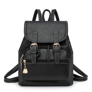 Women Vintage PU Leather Backpack Litchi Texture Flap Buckle Drawstring Casual College Style Rucksack For Ladies
