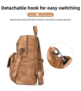 Detalle de mochila marrón vintage con ganchos metálicos desmontables para estilos variados