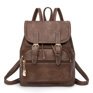 Vintage brown PU leather backpack with gold buckle flap and adjustable straps for women