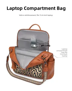 Interior view of leopard print backpack showing 15.6 inch laptop compartment and velcro