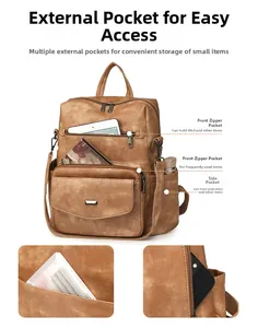 Mochila vintage de cuero sintético marrón con varios bolsillos y capacidad para iPad