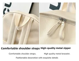 Detalle de la mochila de cuero PU crema con asa reforzada y doble cremallera metálica